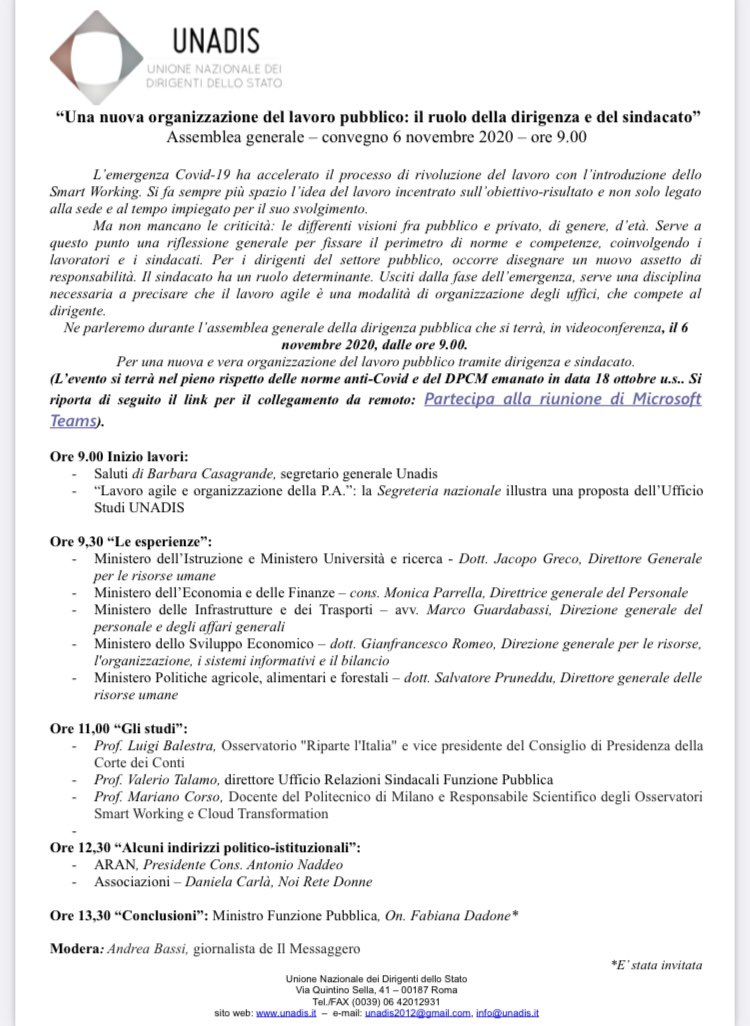 UNADIS_os's tweet photo. “Una nuova organizzazione del lavoro pubblico: il ruolo della dirigenza e del sindacato” Assemblea generale Unadis del 6 novembre 2020, ore 9.00 

#sindacato 
#dirigenzapubblica 
#smartworking 

👇 https://t.co/IYkYzqfX6n