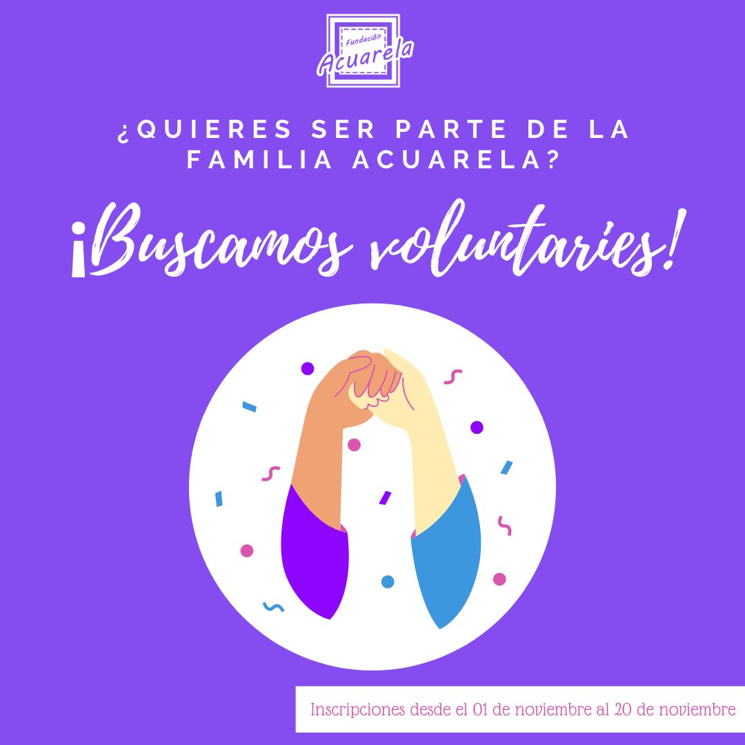 FAcuarela's tweet photo. ¿Quieres ser parte de la familia acuarela? 😍 ¡Búscamos voluntaries! 
En el siguiente link encontrarán el formulario de inscripción:

https://t.co/OriSNoJujf

Recepcionaremos formularios hasta el 20 de noviembre 🥰. https://t.co/WuVsaNCuVC