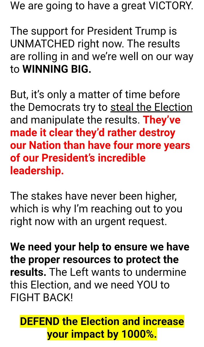 David_Chippa's tweet photo. This is an email that was just sent to supporters of President Trump - it's not over til it's over. https://t.co/ELMlEJVoeH