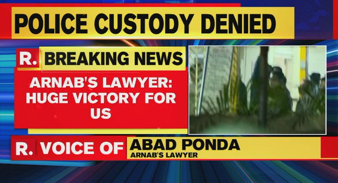republic's tweet photo. #LIVE on #IndiaWithArnab | It is a huge victory for us. The Police has absolutely no right when a case is buried to revoke it on its own, they have to go through a judicial forum. They have done it illegally: Abad Ponda, Arnab Goswami's lawyer

Watch - https://t.co/rGQJsiKgt2 https://t.co/FCpNTnZFHR