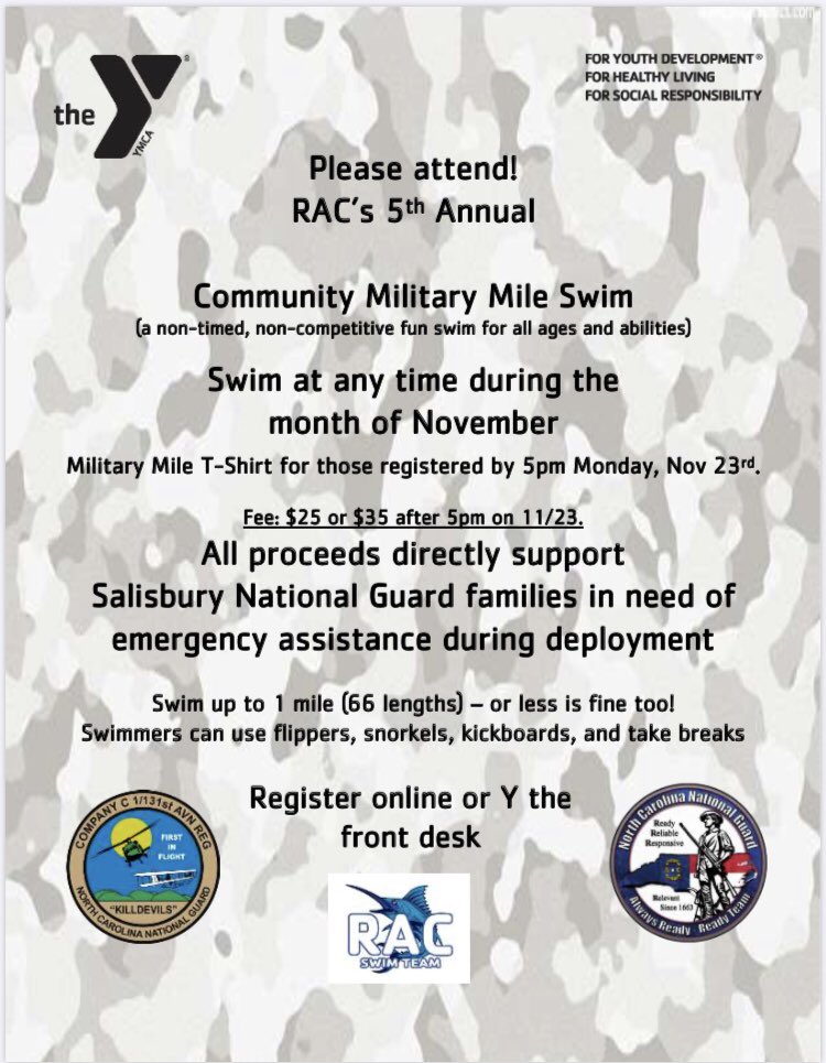 RAC_YMCA's tweet image. Attention all YMCA members! Swim for #SalisburyNC National Guard families in need of emergency assistance during deployment of a loved one. $25 @ the Y by 11/23. #RaisedbyRAC #jfhurleyfamilyymca #RowanCountyNC #ymcaswimming #swimmingisforeveryone