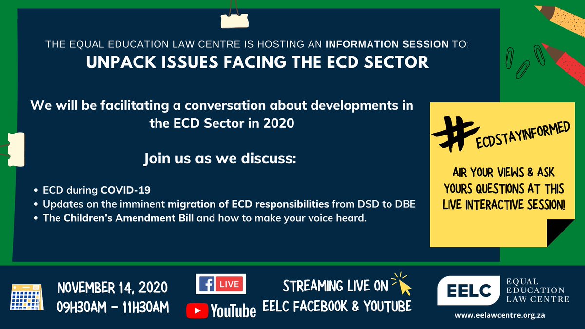 EElawcentre's tweet photo. Webinar Invite 🤝| The EELC is hosting an information session to: UNPACK ISSUES FACING THE ECD SECTOR

📢 Join us, air your views &amp; ask your questions at this live interactive session! #ECDStayInformed

🗓️ 14 November 2020

💻 Watch on EELC Facebook Live - https://t.co/wT3GExs9UF https://t.co/iie6nY4nRI