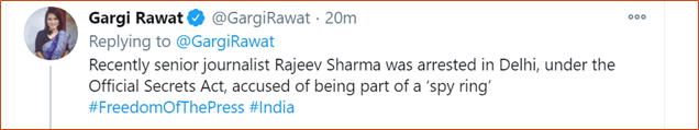 Madam has deleted this part. Good that I'd taken a SS. I guess, someone advised her not to bat for a journalist accused under the stringent OSA for spying for China.