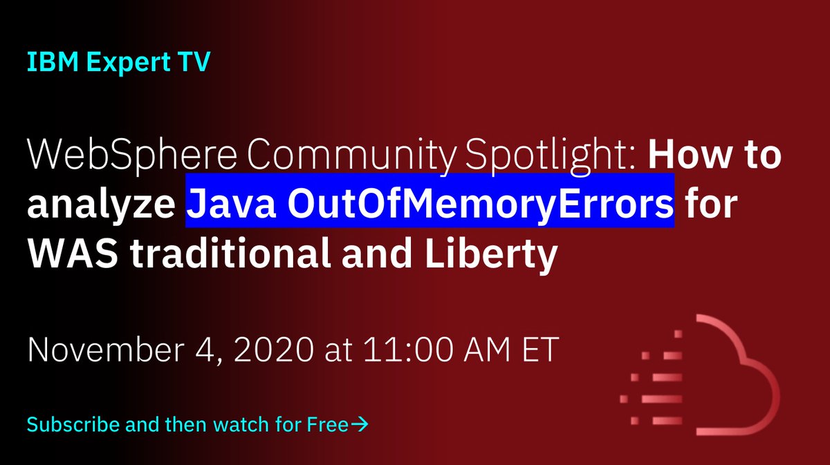 WASdevnet's tweet photo. Join us today for our next @IBMDeveloper #ExpertTV #WebSphereCommunitySpotlight episode!
At 11am EST we'll be live with Kevin Grigorenko learning how to analyze #Java OutOfMemoryErrors for WAS traditional and Liberty.
You can join live here: https://t.co/wITCFHZ9nN https://t.co/0rWPbiyHhu
