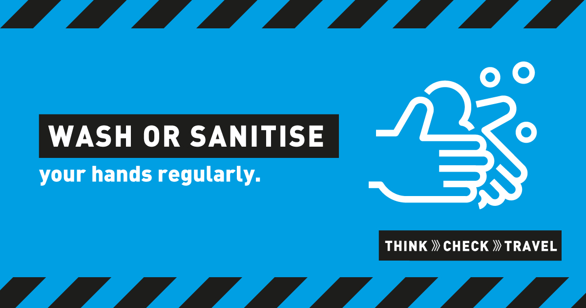 TravelSYorks's tweet photo. Wash or sanitise your hands before and after using public transport, wear a face covering (unless you're exempt) and keep your distance: https://t.co/QMOQccnlNM #ThinkCheckTravel https://t.co/o1S2wZwzCQ