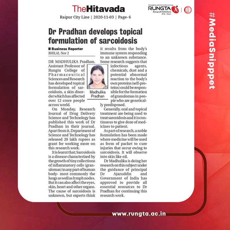 Rungtauniv's tweet photo. Dr. Madhulika Pradhan, an Assistant Professor of #RCPSR has developed a topical formulation for 'sarcoidosis'. Dr. Pradhan's work has been published by the reputed Research Journal of Drug Delivery #science and Technology. 

Read more here: https://t.co/6qswFsNibS https://t.co/tsdado4vAl