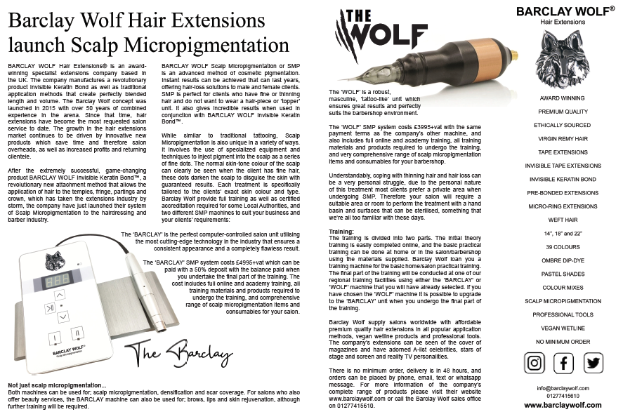 barclay_wolf's tweet photo. Award-winning UK company BARCLAY WOLF Hair Extensions® launch Scalp Micropigmentation for barbershops and salons. Read the full article in The Salon Magazine
#hairextensions
#scalpmicropigmentation
#barbers
#barbershop
#salons
#salonowner
#hairdressing https://t.co/xWcGmKUxiX