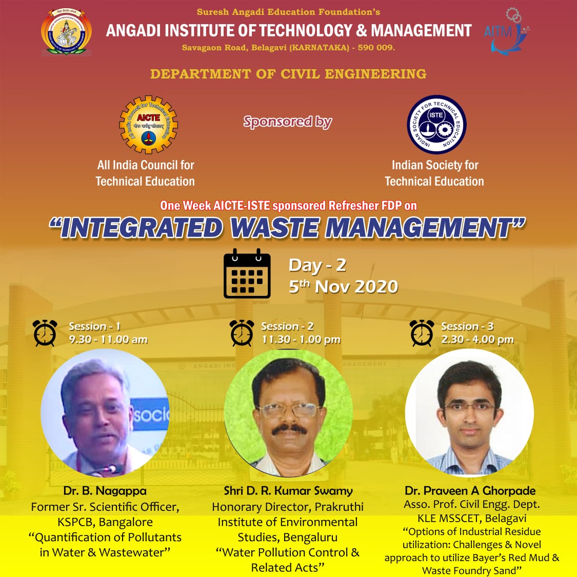 aitm_official's tweet photo. #OnlineOneWeekFDP
#DepartmentOfCivilEngineering
Fdp_On_Integrated_Waste_Management
Dept of Civil Engineering, AITM, Belagavi, is conducting Online One week Refresher FDP on "Integrated Waste Management" sponsored by AICTE - ISTE from 4/11/2020 to 10/11/2020
Agenda of 5/11/2020 https://t.co/8xcHSImDpl
