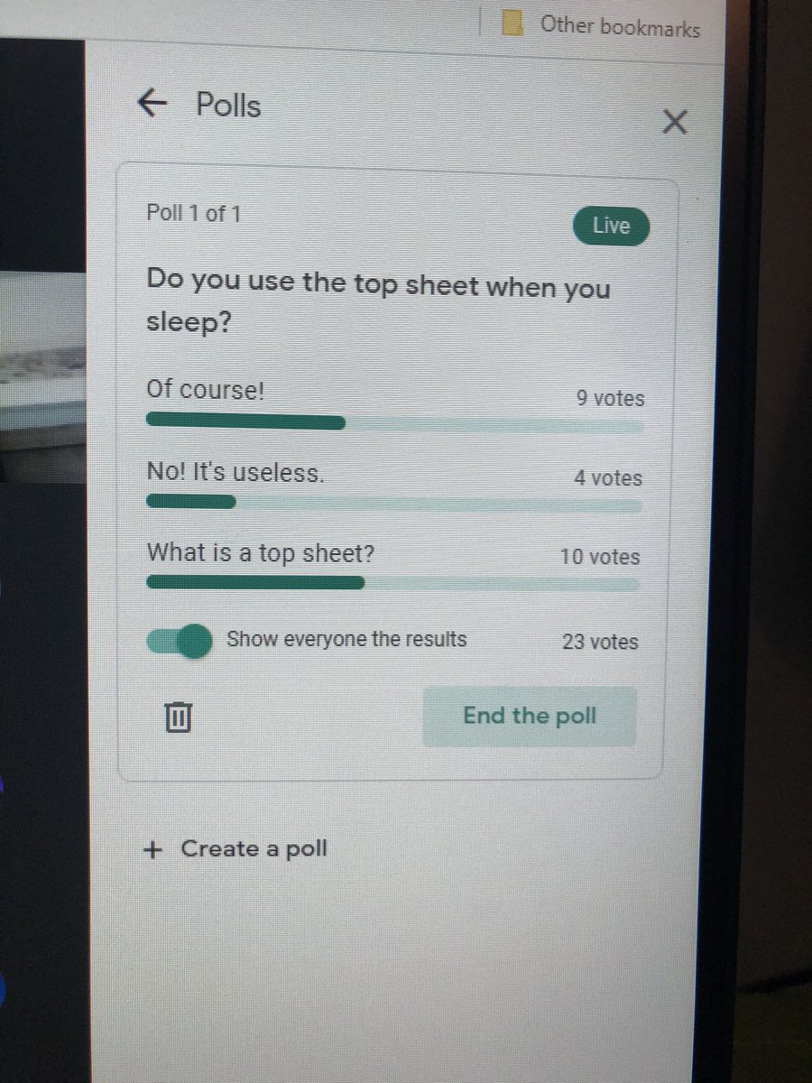 We do a random poll question each morning for fun, to spark conversation, and to learn a little more about one another. This morning, we told our students about the awesomeness of the top sheet! 🤣 <a href="/Stilwells_Class/">Jenna Stilwell</a> <a href="/HortonsCreekES/">Hortons Creek ES</a>