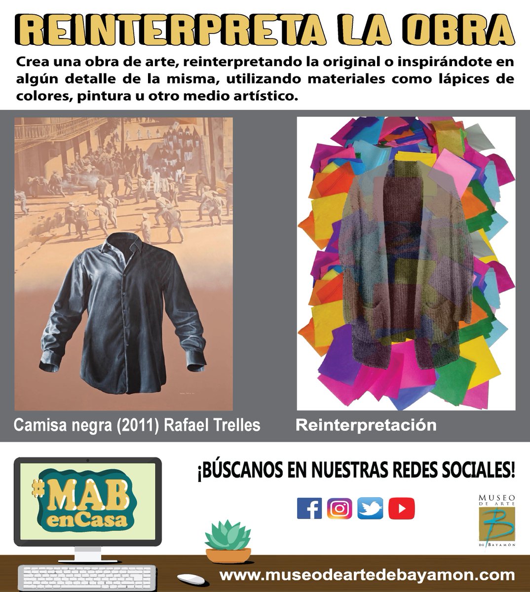 MuseoMAB's tweet photo. ¡Hoy, #MiercolesdeMuseo te traemos nuestro "Reinterpreta la obra"!

La obra del día de hoy es:

"Camisa Negra"
2011
Rafael Trelles

Comparte tu obra utilizando #MABenCasa.

#museums #contemporaryart #museumlover #artwork #VisitFromHome #LaCulturaEnTuCasa #LearningInPlace https://t.co/fylGfbOMz5