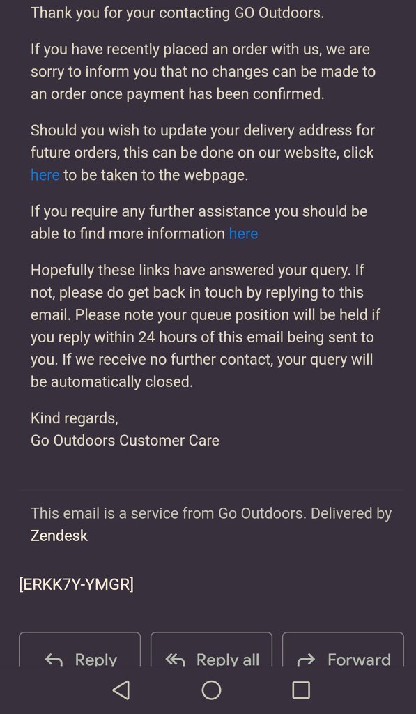 ifmenhadwings's tweet photo. @GOoutdoors I made an order via your website last night. I realised that you have shipped to my PayPal address with no delivery address confirmation at checkout. When I immediately try to fix the issue I'm met with this. Which translates to 'not our problem'. Can you fix this??? https://t.co/tjhM9jh6av