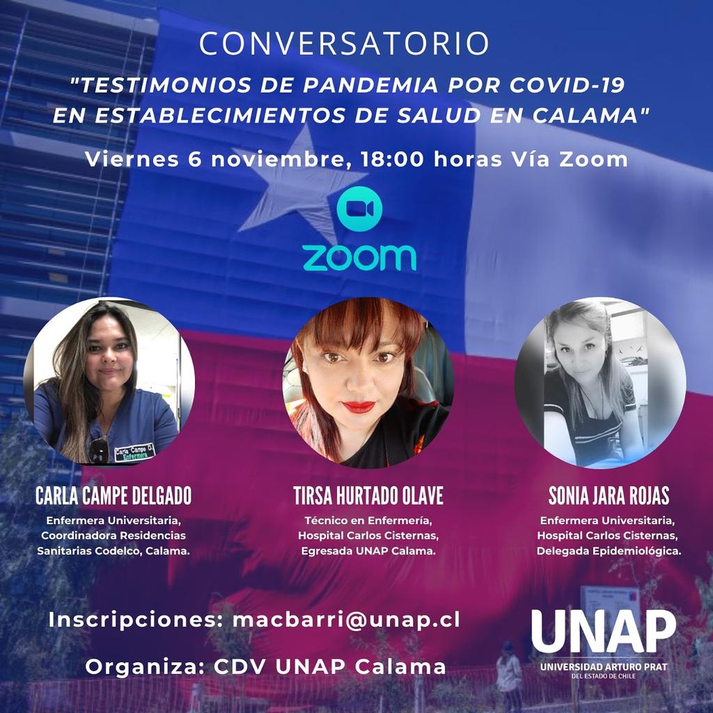 apratcalama's tweet photo. Conversatorio: "Testimonio de pandemia por Covid-19 en establecimientos de salud en Calama".
Viernes 6 de noviembre desde las 18:00 horas vía Zoom.
Invita: CDV UNAP CALAMA ¡Inscríbete y participa! https://t.co/fsHMVIC87H