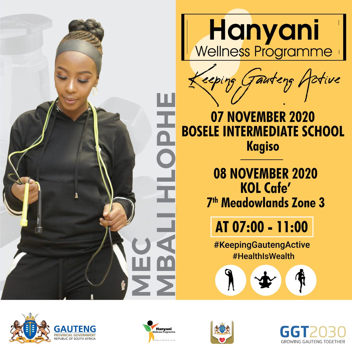 GautengSACR's tweet photo. [MEDIA STATEMENT] HANYANI WELLNESS PROGRAMME RETURNS TO KEEP GAUTENG ACTIVE.

The Hanyani Wellness and fitness programme resumes this weekend with the next stops in Kagiso this Saturday &amp; Meadowlands on Sunday.
#HealthisWealth #KeepingGautengActive
#GautengCares 
#MpiloYam
1/8 https://t.co/cPbQpKbQBG