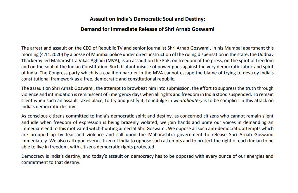 republic's tweet image. #BREAKING on #IndiaWithArnab | 160 citizens including journalists, educators, armed forces veterans, govt officers, civil servants, philanthropists, authors, private professionals, entrepreneurs, doctors, public figures &amp;amp; lawyers demand immediate release of #ArnabGoswami