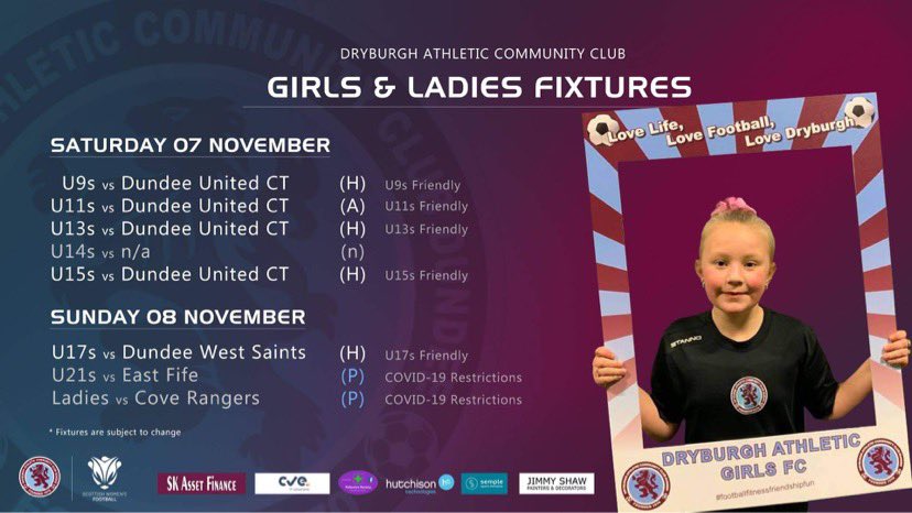 Dryburghgirls's tweet photo. 🗣 Here’s all our weekend fixtures ⤵️
Good luck to all teams & we ask you to respect & adhere to the NO SUPPORTERS rule as per the Scottish Government & SFA guidelines 🙏🏻
📝 Our SWF Championship North & SWFL sides are on hold due to Covid restrictions ❌
#KeepFootballSafe 🟣🔵 https://t.co/Ct9ft3cNGB