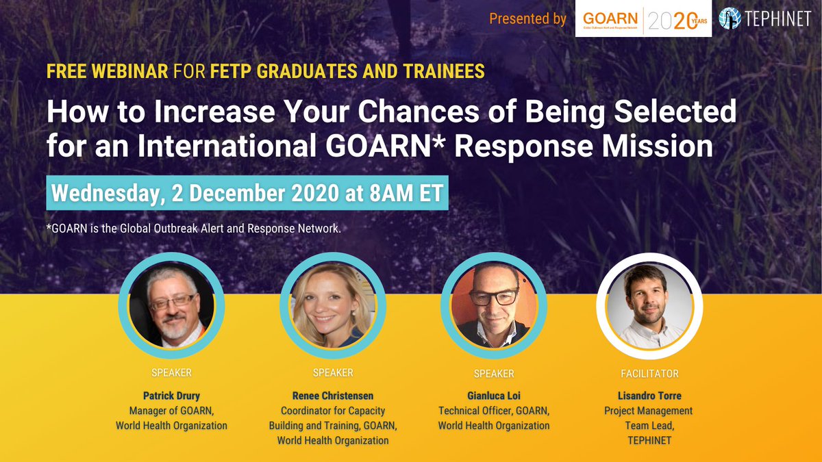Field Epidemiology Training Program (#FETP) alumni and trainees: 

Are you interested in becoming a public health emergency responder with <a href="/WHOGOARN/">GOARN</a>? 

Do you want to submit the strongest application possible?
 
Learn how in our FREE webinar on December 2: bit.ly/2TVegMZ