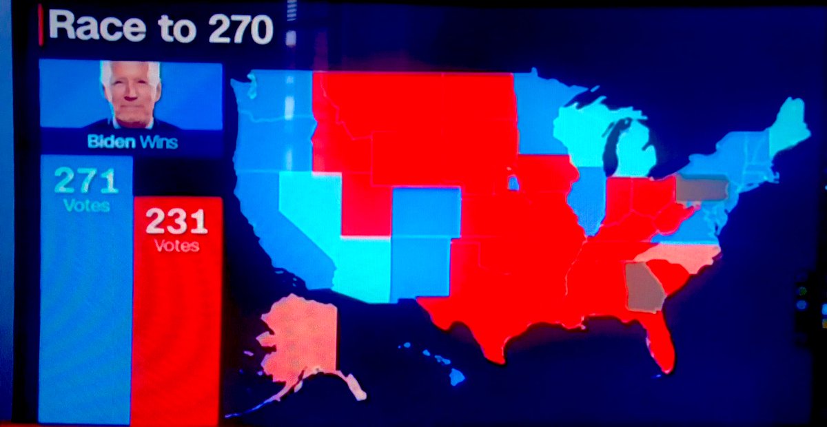 52/ Breaking :  #Biden peut entrevoir une victoire dans le  #Michigan et dans le  #Wisconsin. (On le saura auj’). Ça lui offre une option très solide vers une très courte victoire (271 Grands électeurs. Il en faut 270 !) sans la  #Pennsylvanie mais avec l’ #Arizona et le  #Nevada 