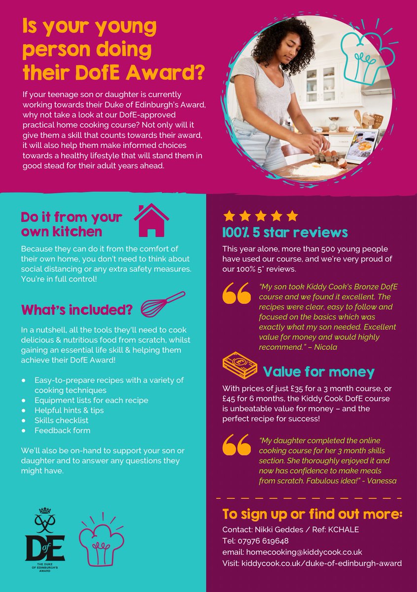 KiddyCookHQ's tweet photo. If you’ve a young person doing their #DofE award this time and you’re looking for a #dofeskill they can complete during #lockdown - sign them up to our DofE approved and 5* rated cook-at-home course @pamsleigh1 @DofEScotland @DofE_grange @DofEKev https://t.co/3GFBVPouF0