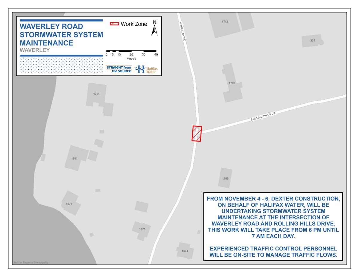HalifaxWater's tweet photo. Waverley Road – Stormwater System Maintenance

From Nov. 4-6, between 6PM &amp; 7AM each day, Dexter Construction will be undertaking stormwater system maintenance in the intersection of Waverley Road &amp; Rolling Hills Drive.

Traffic control will be on-site.

https://t.co/HXZ2dVuW3n https://t.co/EzaaetuwLj