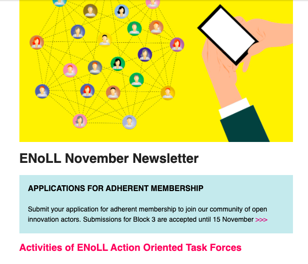openlivinglabs's tweet photo. Our newsletter subscribers can find the November edition in their mailbox! 

Not signed-up yet? 👉🖱️ https://t.co/lWOB8ATVuy

With the newsletter we invite you to join activities of our #AOTFs &amp; webinars by @UNaLab_EU @SISCODEPROJECT + updates from members
https://t.co/DklPecoCNq https://t.co/d5RHIEn0ck