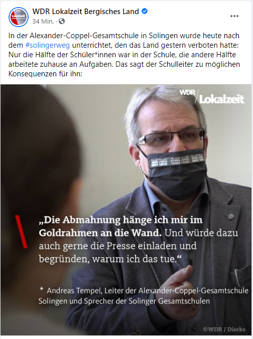 Fee_Vogt's tweet photo. In der Alexander-Coppel-GS in Solingen wurde heute nach dem #solingerweg unterrichtet, den das Land gestern verboten hatte: Nur die Hälfte der Schüler war in der Schule, die andere Hälfte arbeitete zuhause an Aufgaben. Das sagt der Schulleiter zu möglichen Konsequenzen für ihn: https://t.co/X3lBa29qah