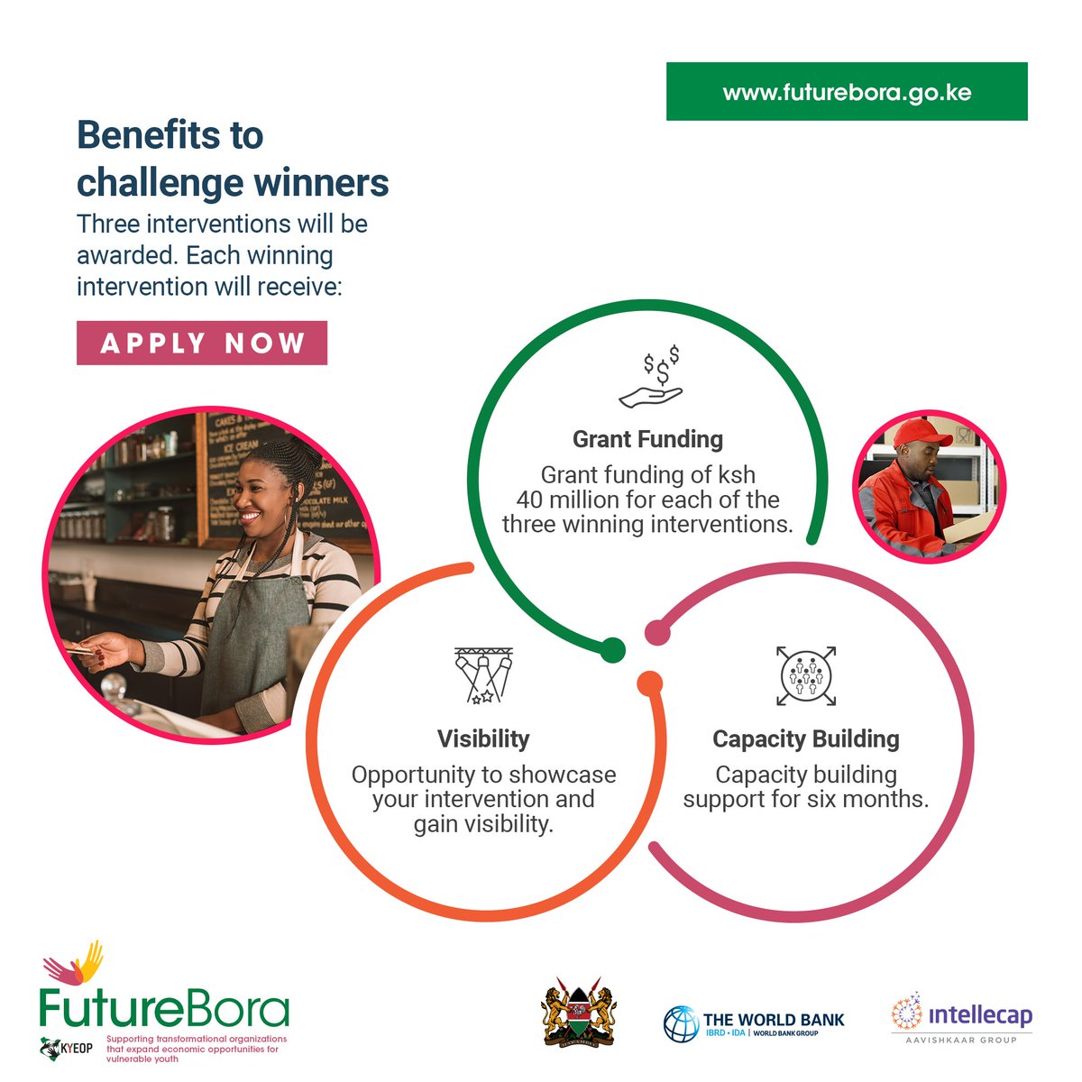 FutureBora's tweet photo. Your organization could be one of the 3 winning organizations of the #FutureBora initiative, which will get you grant funding of Ksh 40 million, curated capacity building support and unparalleled visibility. Applications are now open: https://t.co/ezaejIJrzV https://t.co/Xi6fOCPzs0