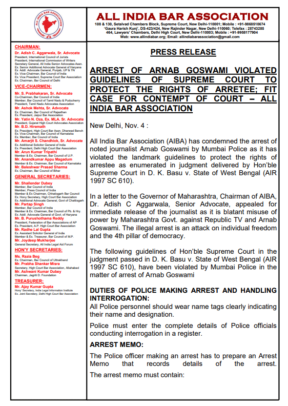 All India Bar Association condemns arrest of <a href="/republic/">Republic</a>  chief #ArnabGoswami . Writes to Maharashtra Governor <a href="/BSKoshyari/">Bhagat Singh Koshyari</a>  asking for Arnab's immediate release and called out the Maharashtra government's "blatant misuse of power". 

#IndiaWithAranb #Maharashtra
#ArnabGoswami