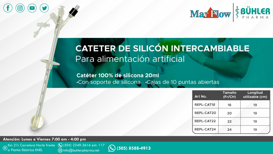 Catéter de silicón intercambiable
para alimentación artificial.

Para mayor información:
📲 whatsapp 8588-4913 wa.link/fx010z
☎️ 2249-3616 ext. 117
✉️ info@buhlerpharma.net
📌 Km 2½ Carretera Norte frente a Planta Eléctrica ENEL.