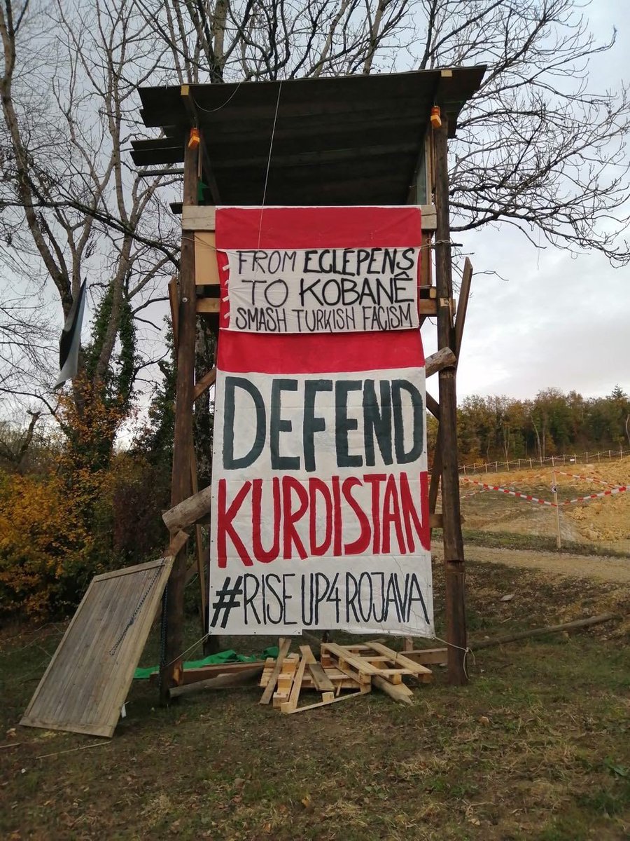 'From  #Eclépens to  #Kobanê:  #SmashTurkishFascism'Comrades send their solidarity with  #Kurdistan from the occupation against the concrete company and environmental polluter Lafarge-Holcim in  #Switzerland. Follow  @zadelacolline for more info! #RiseUpAgainstFascism #Ecology