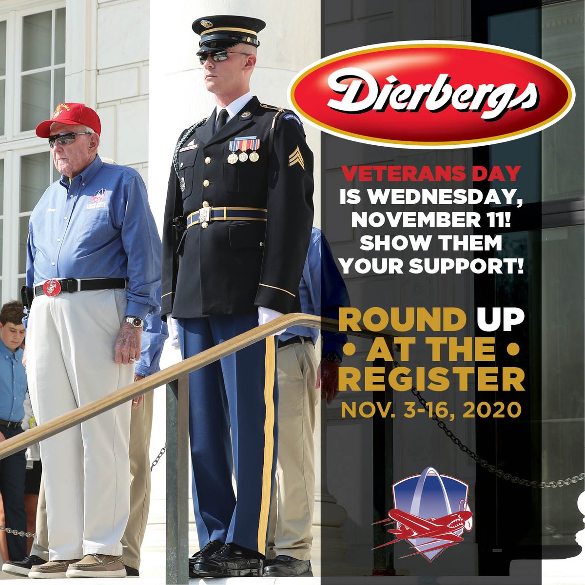 gslhonorflight's tweet photo. One week until Veterans Day! We believe that EVERY day is Veterans Day. Shop at @dierbergs through 11/16 round up your purchase to support our veterans and The @ChamberlainSoc. #gstlhf #honorflightnetwork #dierbergs #roundupattheregister #veteransday #veterans #wewillflyagain https://t.co/ENaJVAzdb0