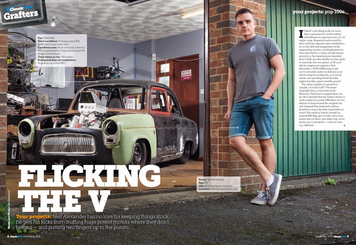 classicfordmag's tweet photo. Neil Alexander has no love for keeping things stock — he gets his kicks from stuffing huge motors where they don't belong. Check out his Pop 100E project in the December issue, out now - get your copy here> https://t.co/r3Cbz6iiNJ #classicford #classiccars #fordpop https://t.co/inZR1akGkf