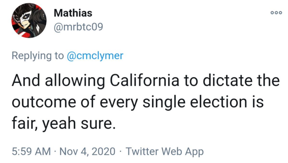 everywhereist's tweet photo. People saying that abolishing the Electoral College is unfair because only Texas and California will decide elections, as we sit here waiting for the results of like two counties in Wisconsin and Pennsylvania.

Abolishing the EC means every vote counts. https://t.co/AR9aQz9xtg