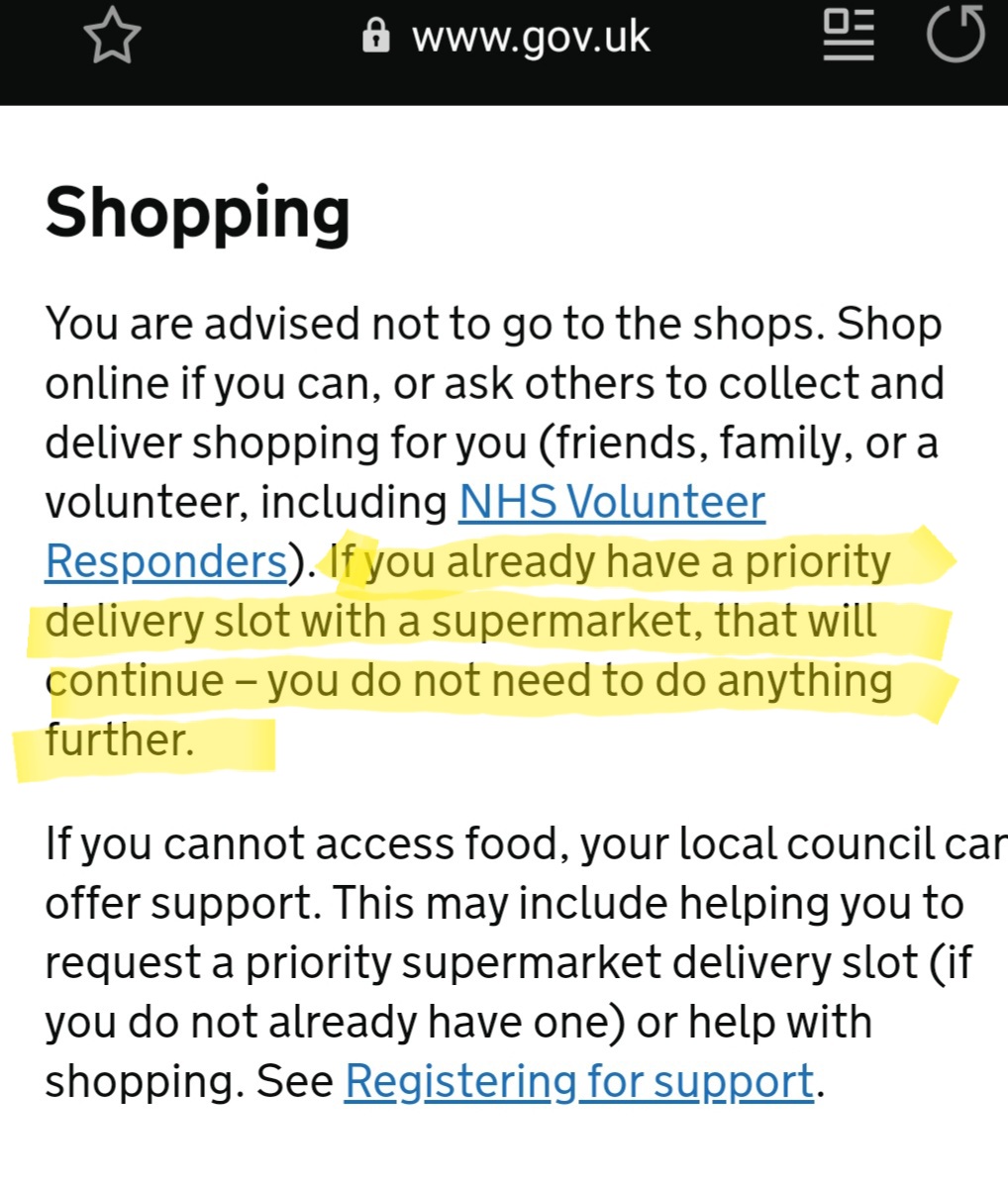 ellybelle's tweet photo. @AsdaServiceTeam This goes against gov guidelines announced today for clinically extremely vulnerable people, which says priority slots will continue. see screenshot. https://t.co/W4T5dybc2N