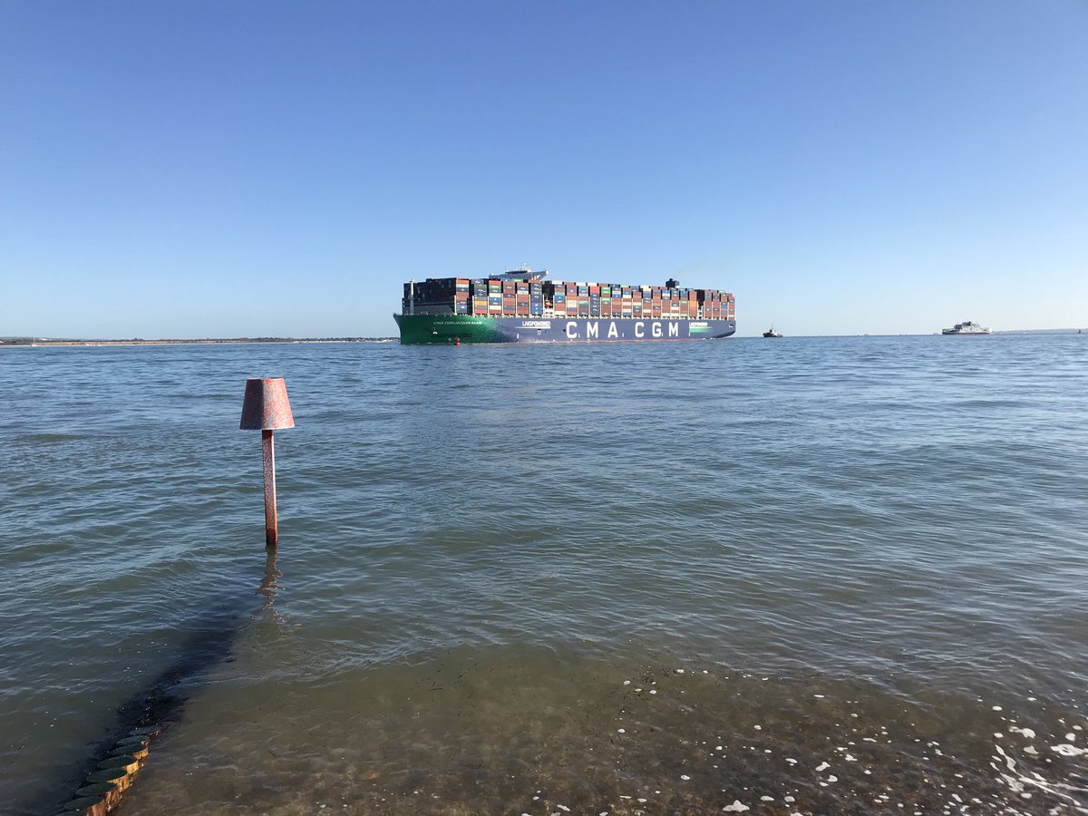 Awesome ship - the #CMACGMJacquesSaade entering Southampton Water today. Classed by ⁦@BV_Marine⁩. At 400m long, and having loaded a world record container intake on this voyage, it was great to see her today. #EnergyTransition #LNG