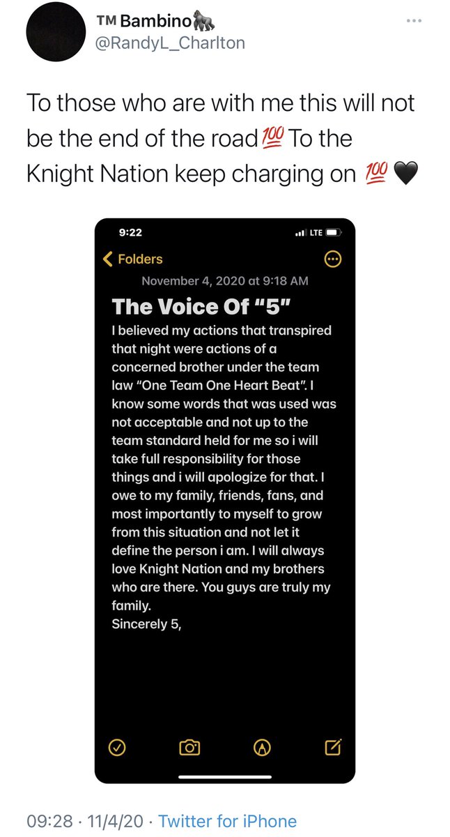 UCFKnightNews's tweet photo. #UCF junior defensive lineman Randy Charlton apologizes for his role as a vocal bystander during Antwan Collierโs arrest.
He said some language he used toward #UCFPD wasnโt acceptable. #developing https://t.co/QwD6VPKCWf