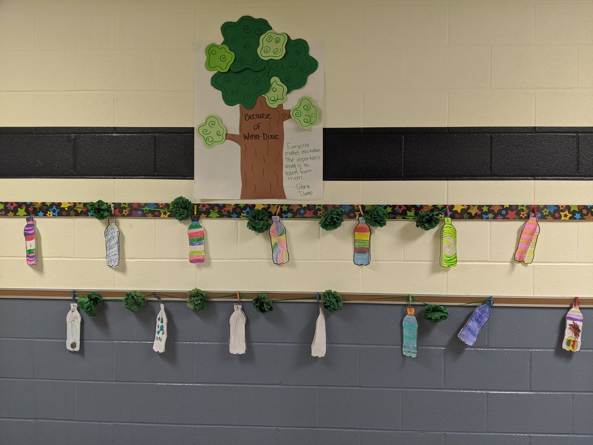 KohlersKids's tweet photo. New hallway decor. We made our mistake bottles from Because of Winn Dixie. Students also planned ,edited, and published and narrative using the writing process. I am very proud of my students' work. #SpaghtIsGreat #GoSolarWithMrsKohler #Go4thAndConquer #WPSProud https://t.co/7gIIPVJkaI