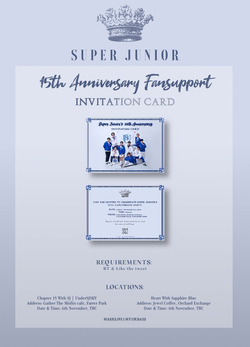 svtapollo's tweet photo. ✨ 𝐒𝐆 𝐂𝐀𝐅𝐄 𝐄𝐕𝐄𝐍𝐓 𝐅𝐀𝐍𝐒𝐔𝐏𝐏𝐎𝐑𝐓 ✨
💌 𝙄𝙉𝙑𝙄𝙏𝘼𝙏𝙄𝙊𝙉 𝘾𝘼𝙍𝘿 💌

@Haeklips x @hyukbaes

Date: 20.11.06
Time: TBC
Venue: @UnderSJSKY #Chapter15withSJ, #heartwithsapphireblue

#슈퍼주니어 #SUPERJUNIOR #15thAnniv_WalkTogether #달려온15주년_손잡고걸을까 https://t.co/aZIYQNZk4W