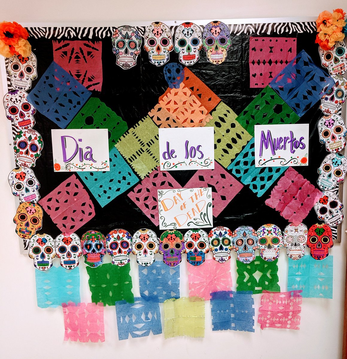 8th grade Social Studies Ss at #McGuffey_MS enjoyed learning about the holiday #diadelosmuertos. They created papel picado, colored skulls to represent the sugar skulls, and made tissue paper flowers to represent the marigolds. 💀🏵️
