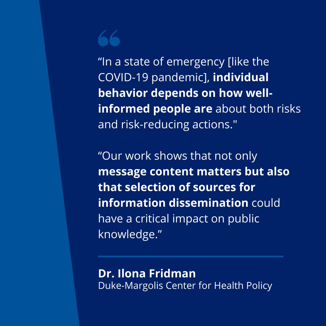 duke_pophealth's tweet photo. Research by @DukeMargolis's @IlonaVFridman & #DukePopHealth's Dr. Christy Zigler finds that the success of #COVID19 -related behavioral policies depends on how well-informed people are about the the virus and where they get information from. Learn more: https://t.co/3mGvkHcCnC https://t.co/B6jJqLQ8oV