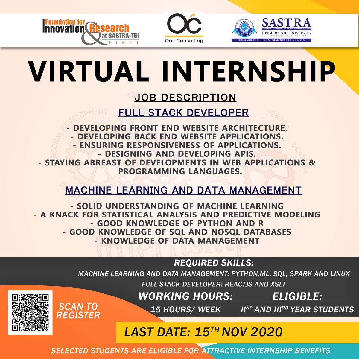 Sastratbi's tweet image. SASTRA TBI in partner with Oak Consulting has come up with a Virtual Internship for a Full Stack Developer.
Interested students can apply and selected students are eligible for attractive Internship benefits.
.
.
.
#sastratbi #stackdeveloper #sastra #virtualinternship