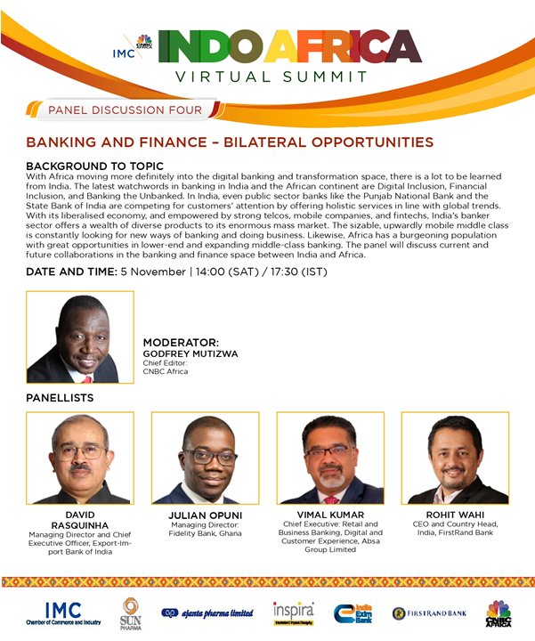 IMC_India's tweet photo. Listen to our esteemed speakers at the Panel Discussion on BANKING AND FINANCE – BILATERAL OPPORTUNITIES at #IndoAfrica2020 #VirtualSummit – Nov 5 at 17.30 IST. 
Register here  
https://t.co/lzOQxLE8GG

Program Link:
https://t.co/V1pUn9Fs3T https://t.co/jBRP99j7cr