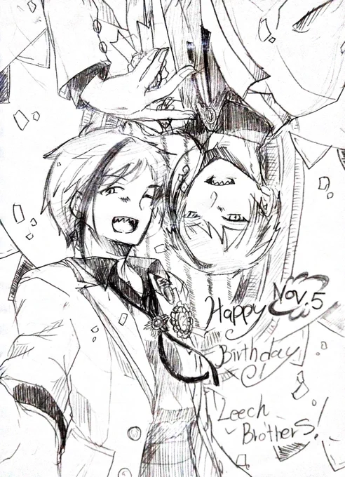 【落書きんちょ】アナログシャーペンHappybirthday  Leechbrother's!いつもの落書きクオリティだけど間に合った…! #フロイド・リーチ誕生祭2020  #ジェイド・リーチ誕生祭2020  #リーチ兄弟誕生祭2020 