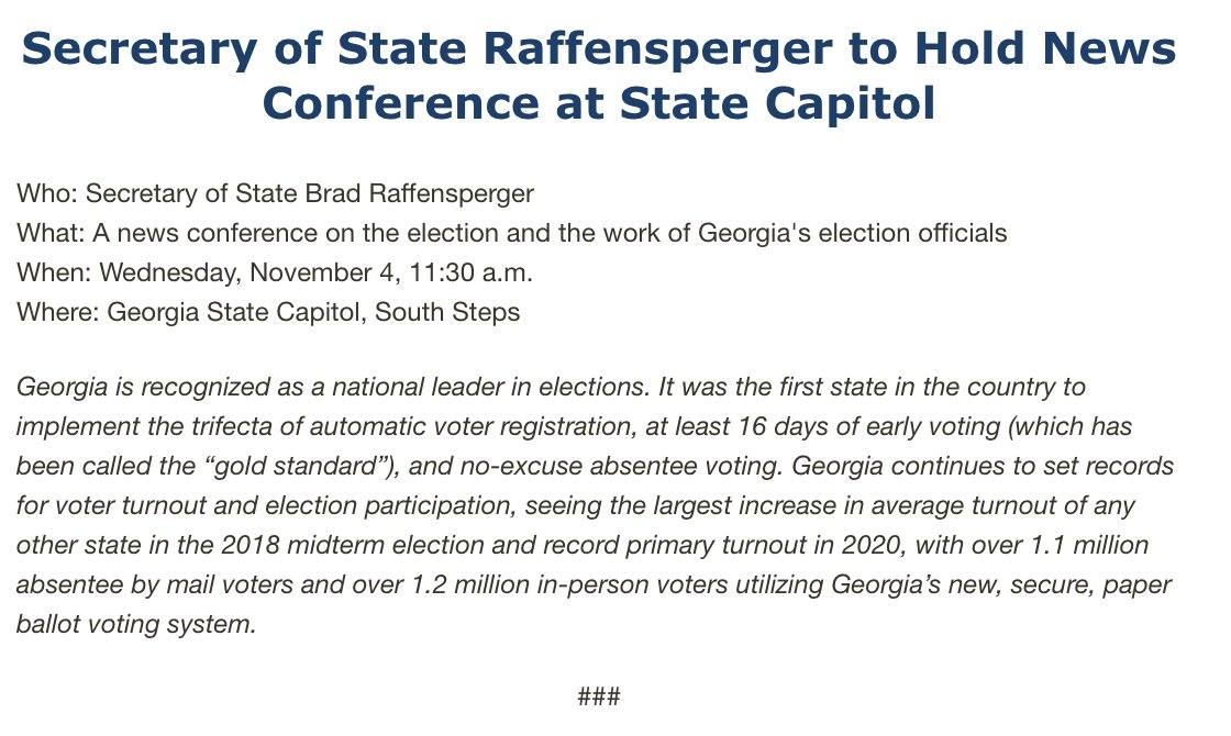 The Secretary of State will hold a presser at 11:30 to talk about election process/count/give general updates.I'll be there and we'll be streaming it.