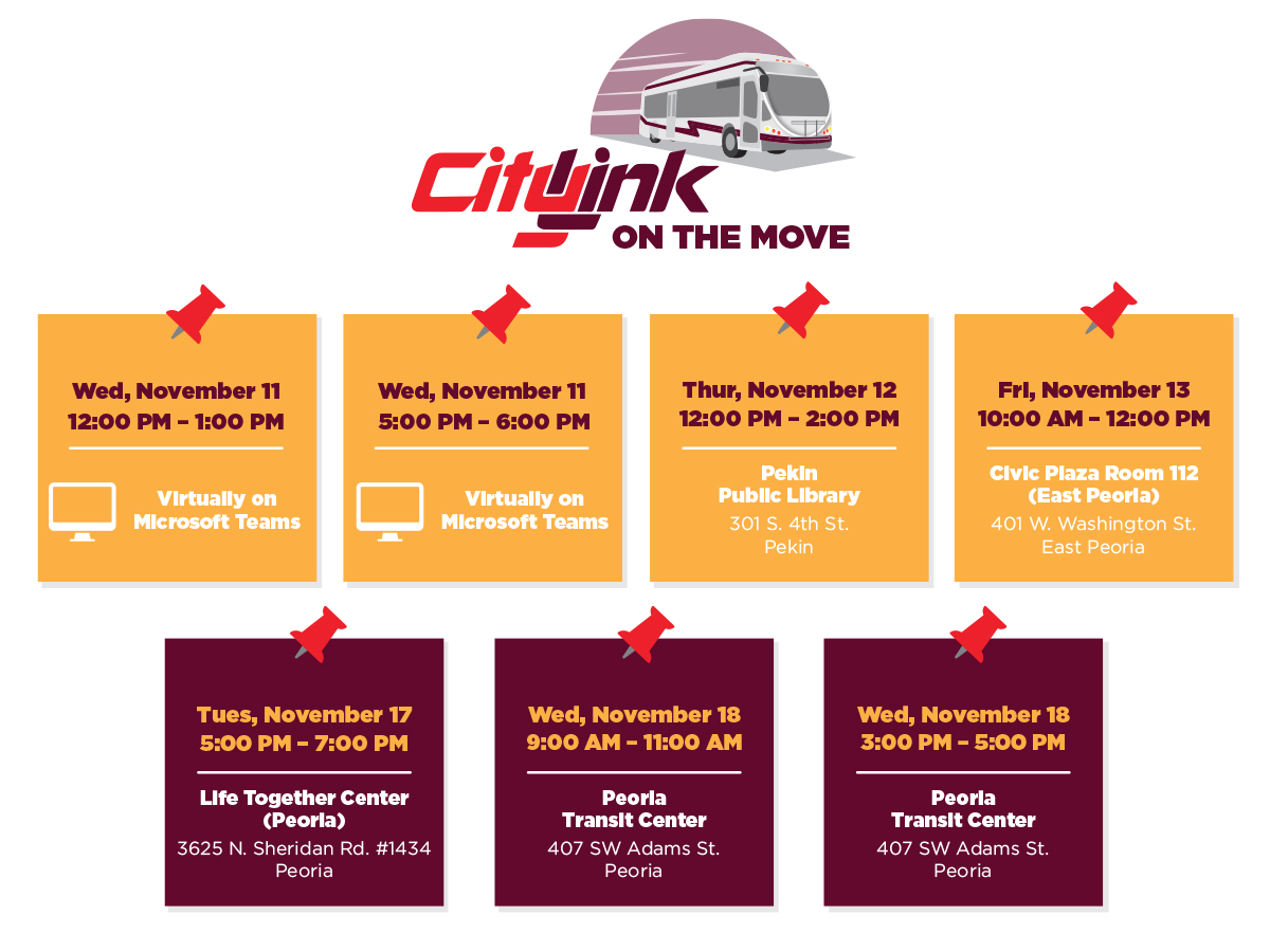 Reminder: CityLink is hosting several public meetings starting next next week to share info &amp; get feedback on the #CityLinkOnTheMove service improvement plan. There are in-person &amp; virtual options. Visit citylinkonthemove.org to learn more!