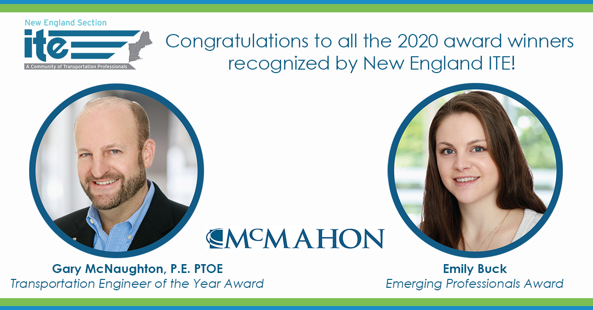 mcmahonassoc's tweet photo. We are so proud of our staff and their contributions to the engineering industry. @gmcnaughtonPE, Transportation Engineer of the Year and @buckstopahead, Emerging Professional were recognized by @NewEngland_ITE. Congratulations Gary and Emily! #McMahonProud #McMahonAward https://t.co/VRUHPybcpz