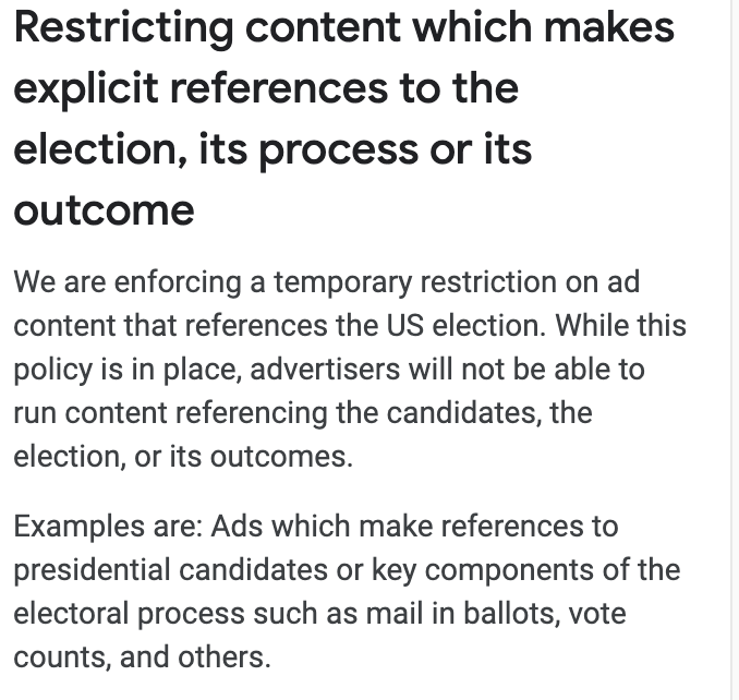 All of our local news sites' search ads intended to help drive local readers to voter guides and results were rejected. In fact, even some of our non-election search ads were also stopped. 