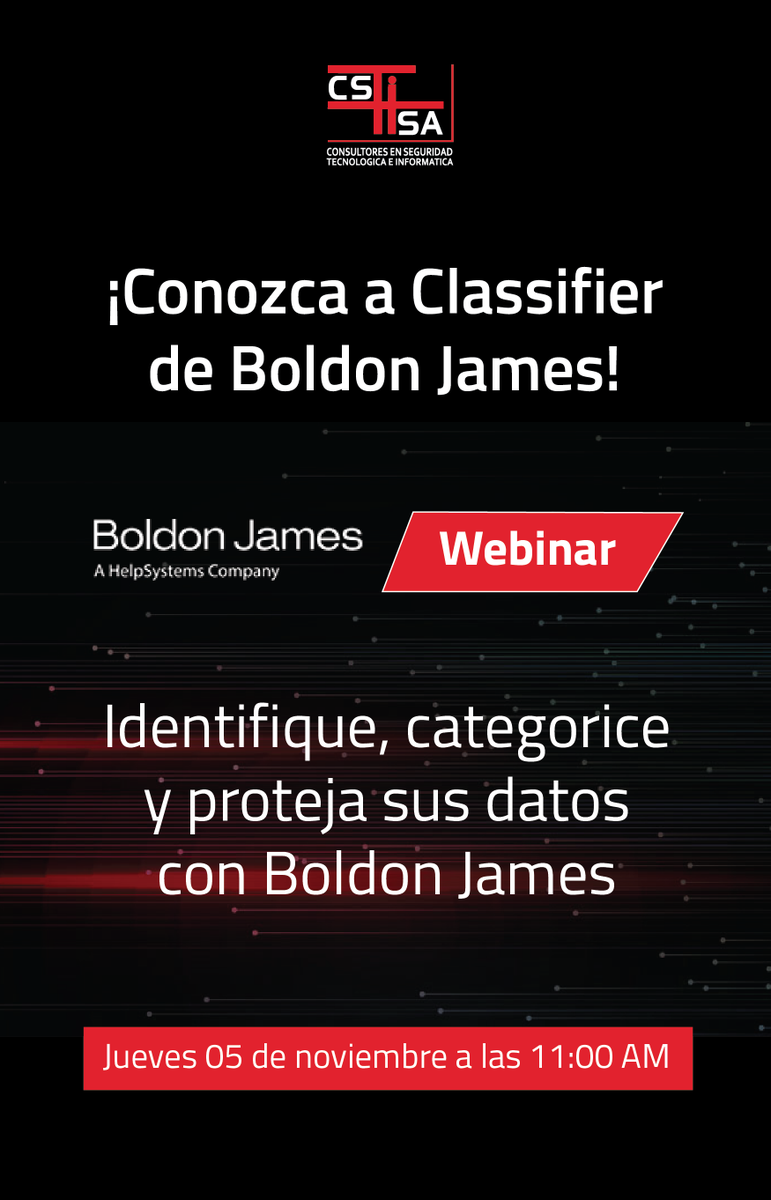 CSTISA's tweet photo. Nuestro webinar Identifique, Categorice y Proteja sus datos con Boldon James, tendrá lugar mañana jueves 05/11/2020 a las 11AM, aún está a tiempo de reservar su lugar 🔗 https://t.co/f0CLjVYmJq 

Le esperamos!

#cstisa #boldonjames #webinar https://t.co/Tj44l4NAeF