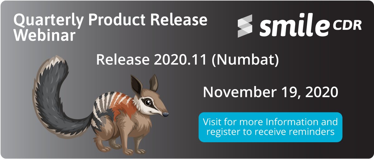 smilecdr's tweet photo. Happening November 19: Smile CDR release 2020.11 (Numbat) and HAPI-FHIR 5.2! Don’t miss our product release webinar for details about all the exciting new features coming your way in this latest update: https://t.co/PDwrTh0cGk https://t.co/L3NmKn72mG