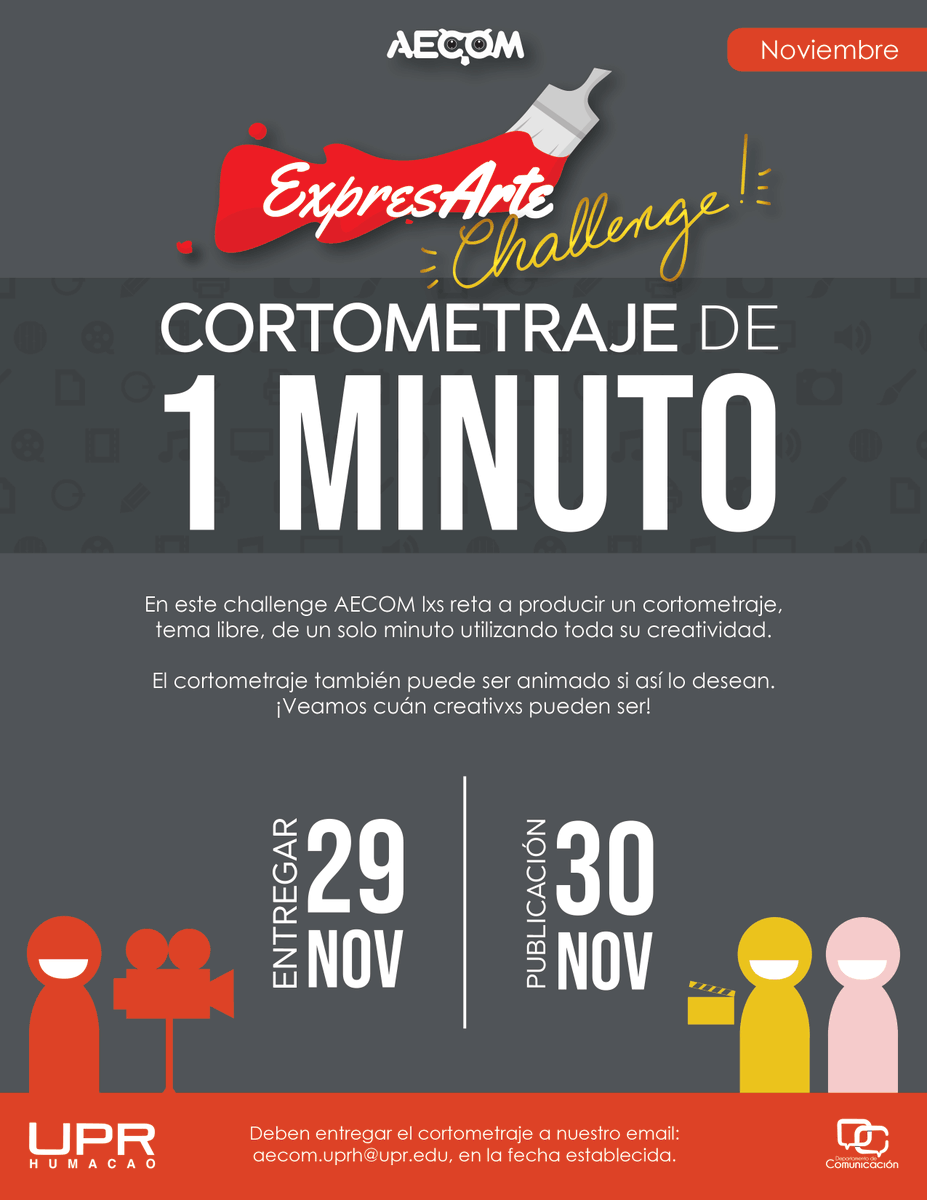 aecom_uprh's tweet photo. 🌟 ExpresArte Challenge: Cortometraje de 1 minuto 🌟

Crea un cortometraje con tan solo un minuto junto a tus compañerxs de toda la institución. Queremos ver tu creatividad ejercer en este reto de tema libre y el corto puede ser animado también. ¡Acepta el challenge! 🎥🎬 https://t.co/O6Vlo8uC5v