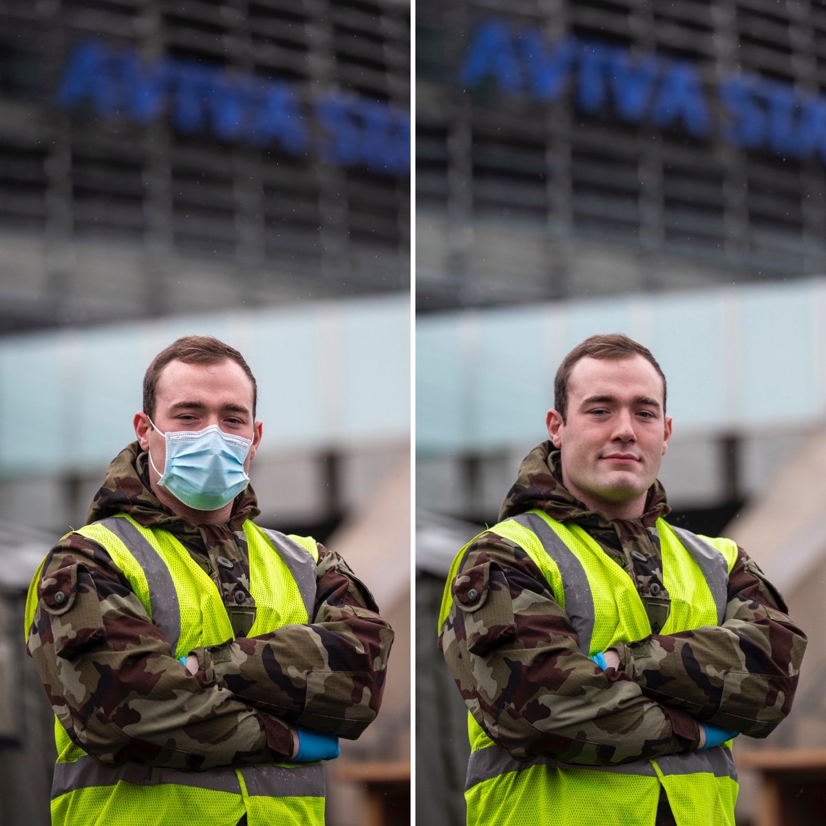 defenceforces's tweet photo. #behindthemask...meet our testing centre marshals

Pte Stephen Horrigan &amp; Pte Aaron Donnelly (1 MIC) are marshals at our #COVID19 testing centre @AVIVAStadium &amp; will be the friendly faces you meet as you arrive. 
They will confirm your details &amp; provide you with PPE if necessary https://t.co/xqtvGCIpTd